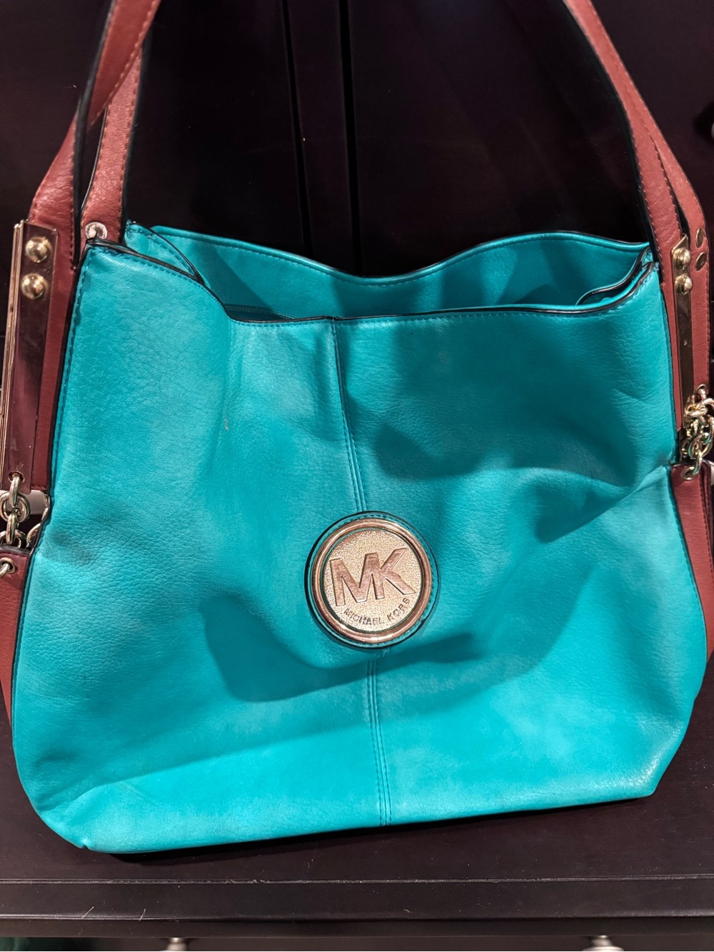 Inspired Michael Kors Turquoise Leather Shoulder Bag with Brown Straps